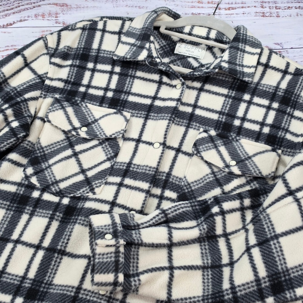 Z Supply Fleece Shacket Women Medium Black White Excellent Plaid ZJ233994S